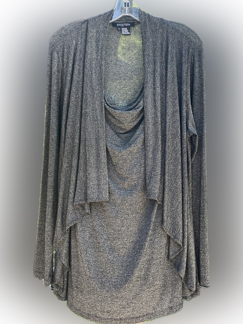 Etcetera Charcoal Metallic Draped Open-Front Cardigan